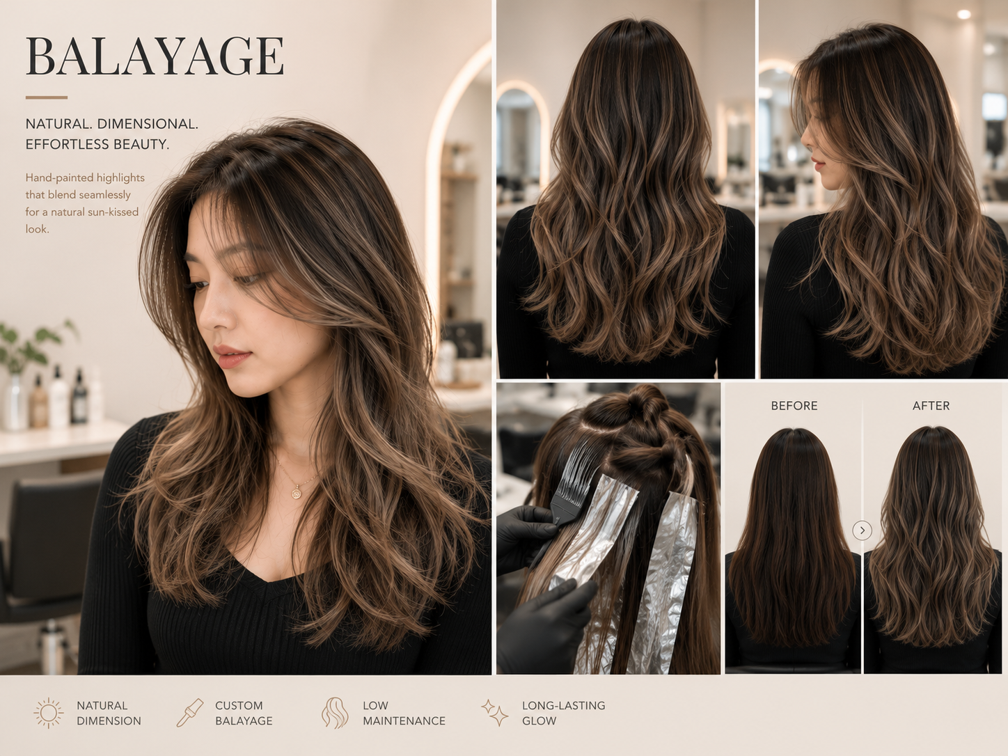 Balayage hair coloring with rich, natural highlights