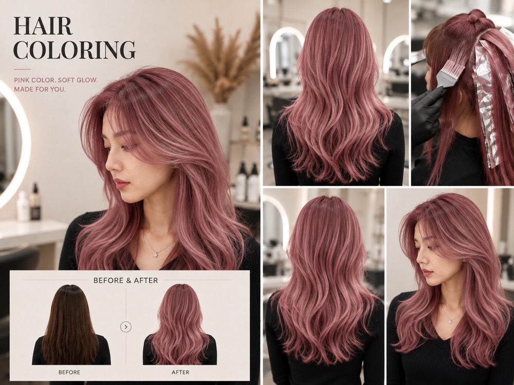 Pink hair coloring with soft, glowing tones
