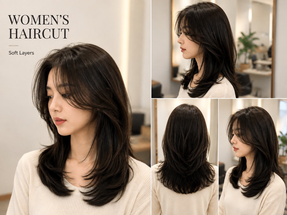 Soft layered women's haircut styled at the salon